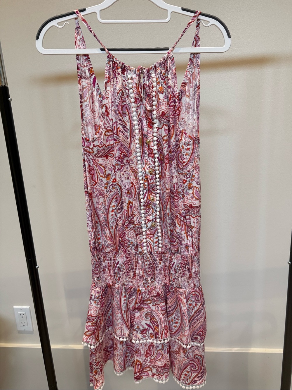 Melissa Odabash Pink Paisley Mini Dress with Pom Pom Trim